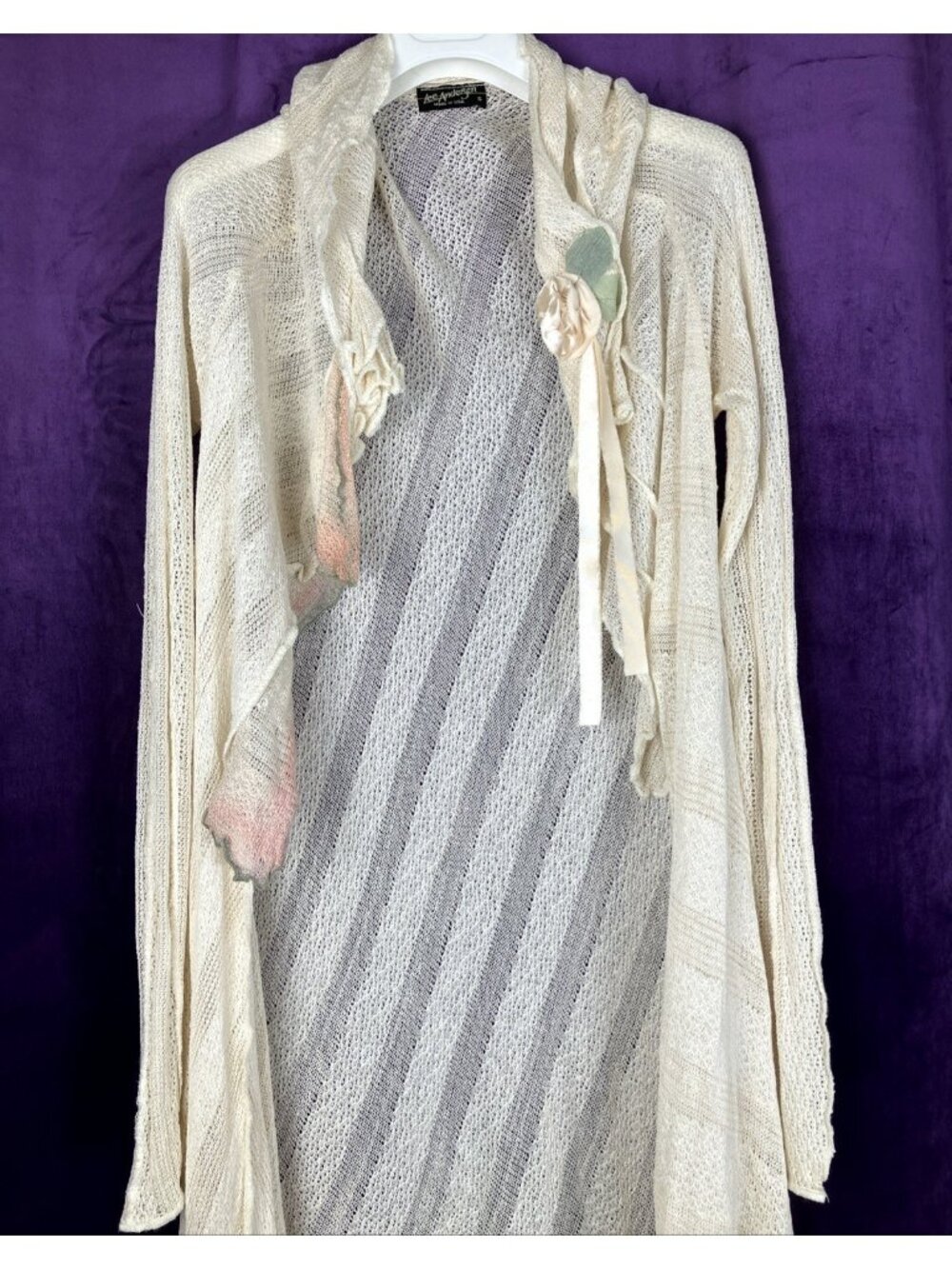 S Lee Anderson Summer Crochet Cardigan Loose Weave Flower Romantic
